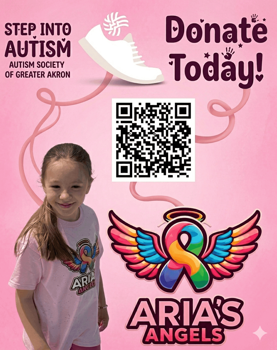 Aria's Angels Step Into Autism donate poster: photo of Aria Clark in her Aria's Angels shirt with a QR code linking to the donation page