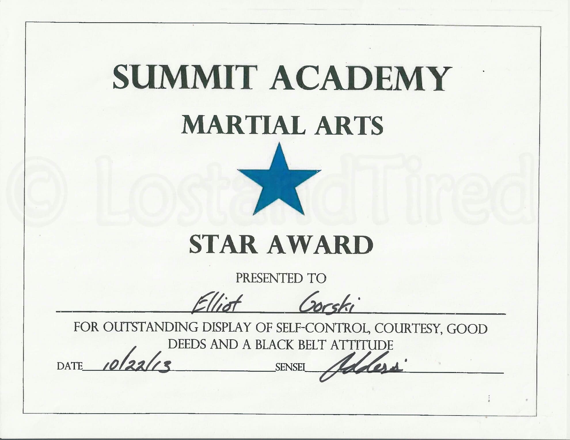 Elliott earned another Blue Star in Martial Arts