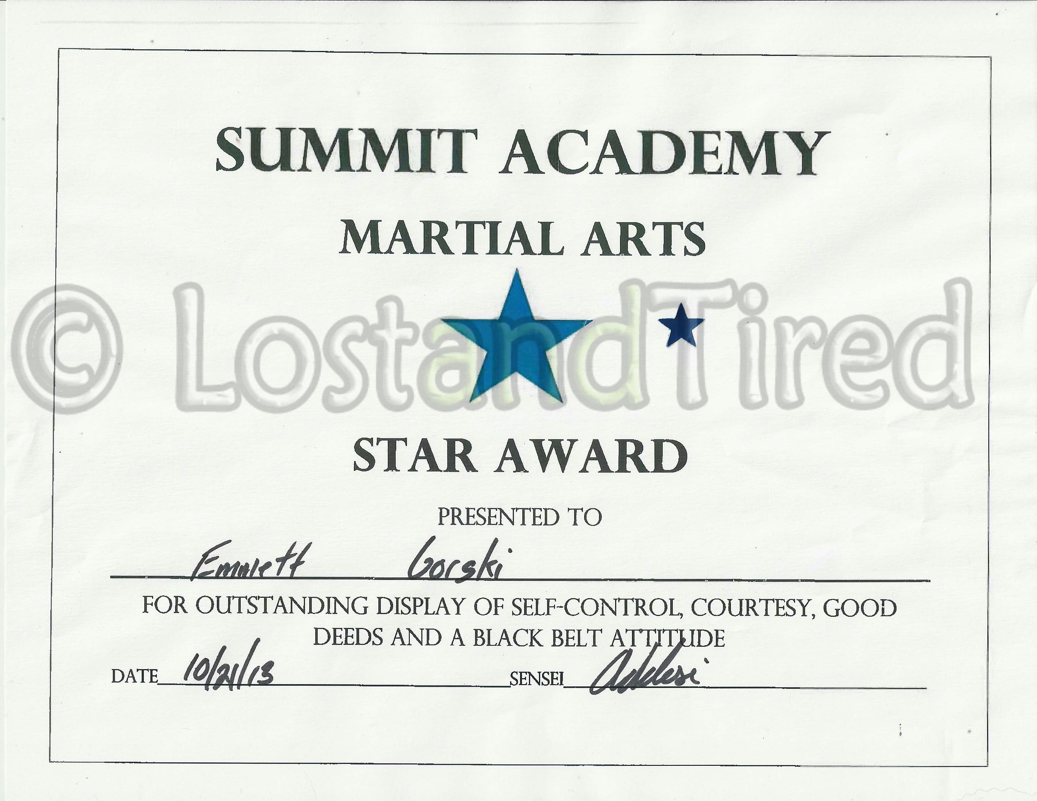 Look who won another Blue Star award for Martial Arts