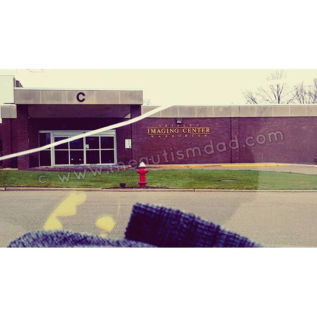 Waiting for Gavin. . . . . . This is shot through my broken windshield as I wait for Gavin to emerge from the doctors office where he gets his weekly blood work done. It's so amazing that he does this himself now and doesn't need to be accompanied. Yay for independence